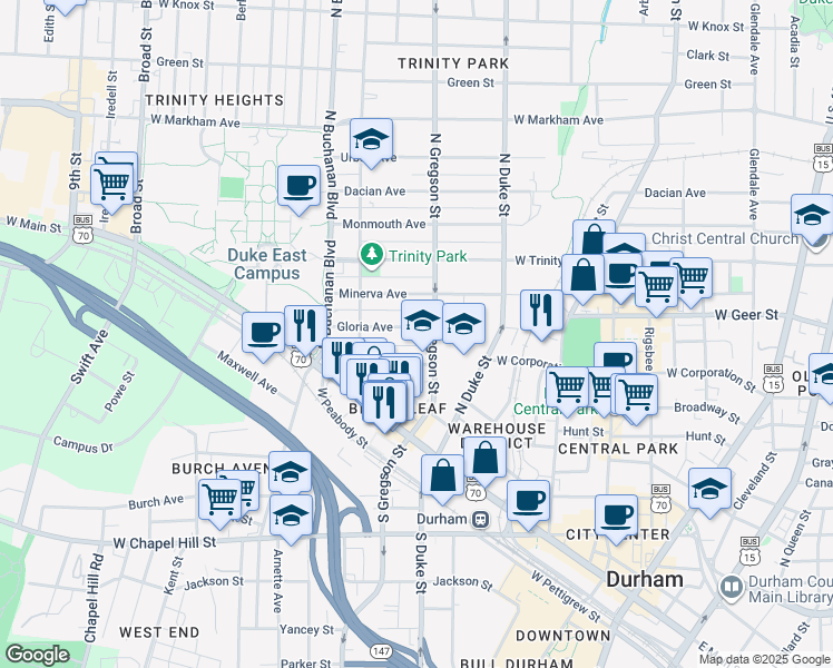 map of restaurants, bars, coffee shops, grocery stores, and more near 1007 Gloria Avenue in Durham