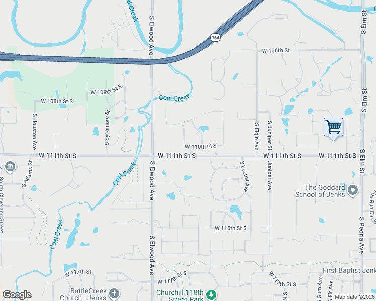 map of restaurants, bars, coffee shops, grocery stores, and more near 1704 West 110th Place South in Jenks