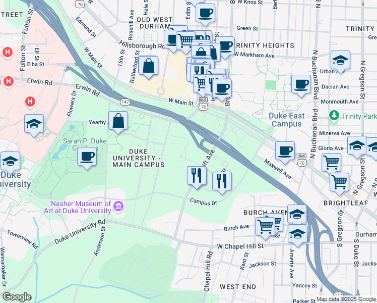 map of restaurants, bars, coffee shops, grocery stores, and more near 351 Case Street in Durham