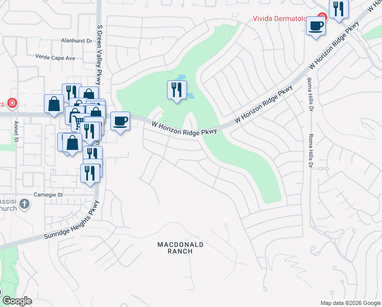 map of restaurants, bars, coffee shops, grocery stores, and more near 2153 Indigo Creek Avenue in Henderson