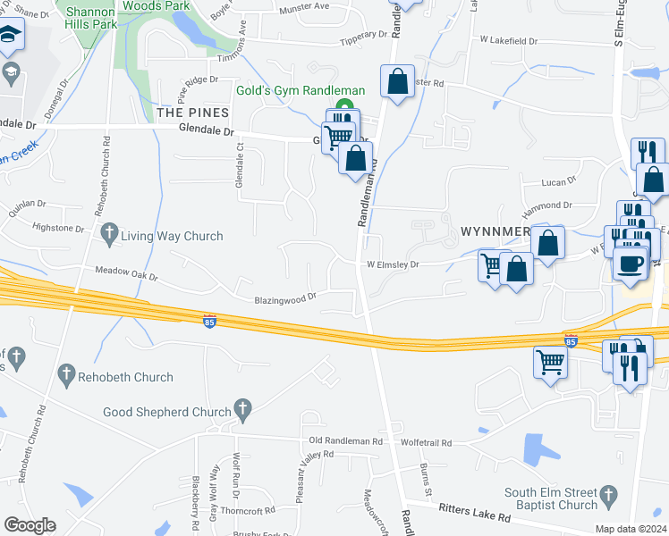 map of restaurants, bars, coffee shops, grocery stores, and more near 4235 Fairwood Drive in Greensboro