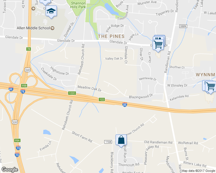 map of restaurants, bars, coffee shops, grocery stores, and more near 6 Rehobeth Oaks Court in Greensboro
