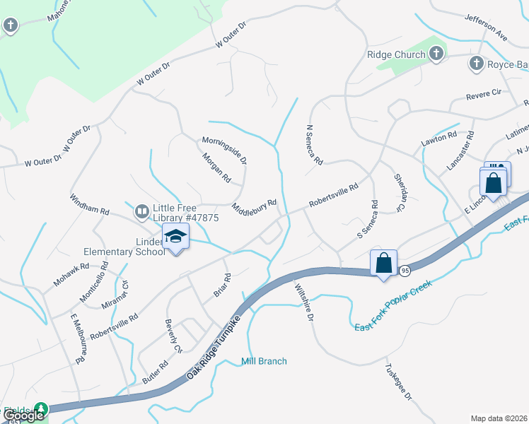 map of restaurants, bars, coffee shops, grocery stores, and more near 105 Middlebury Road in Oak Ridge