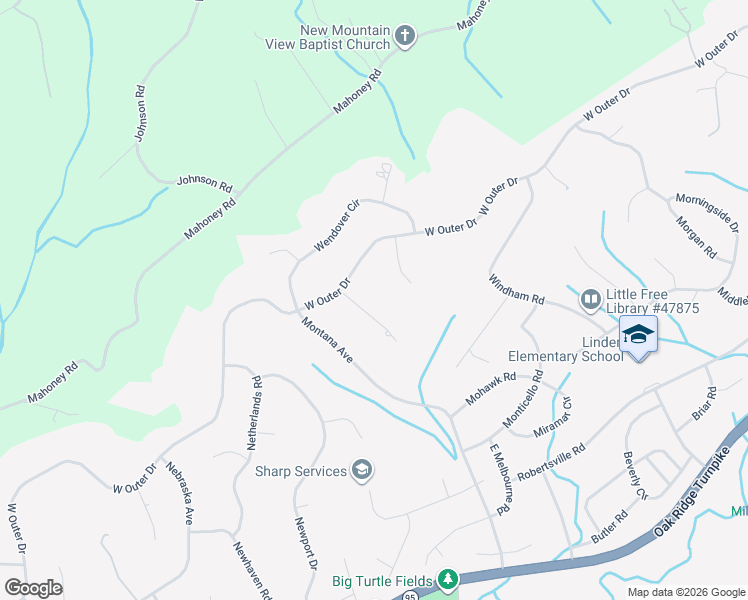 map of restaurants, bars, coffee shops, grocery stores, and more near 105 Wood Ridge Lane in Oak Ridge