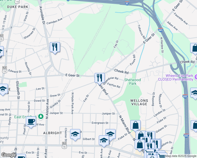 map of restaurants, bars, coffee shops, grocery stores, and more near 1407 Drew Street in Durham