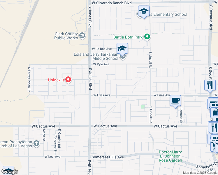 map of restaurants, bars, coffee shops, grocery stores, and more near 10266-10298 South Jones Boulevard in Las Vegas