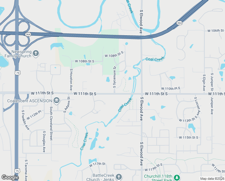 map of restaurants, bars, coffee shops, grocery stores, and more near 11012 South Sycamore Street in Jenks
