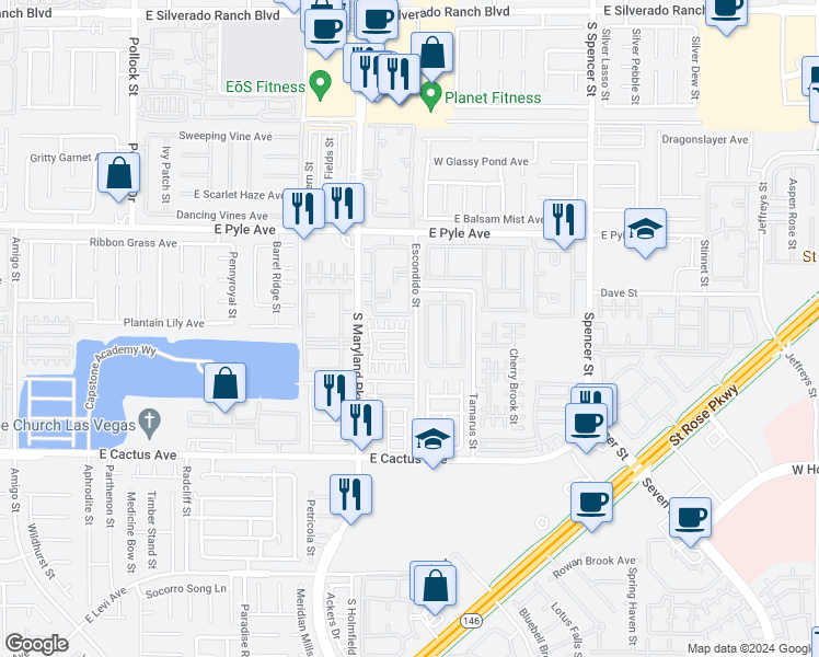 map of restaurants, bars, coffee shops, grocery stores, and more near 10270 Ladybug Bend Street in Las Vegas