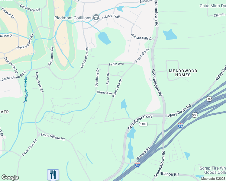 map of restaurants, bars, coffee shops, grocery stores, and more near 4114 Rose Lake Drive in Greensboro