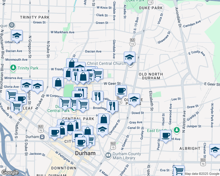 map of restaurants, bars, coffee shops, grocery stores, and more near 825 Glendale Avenue in Durham