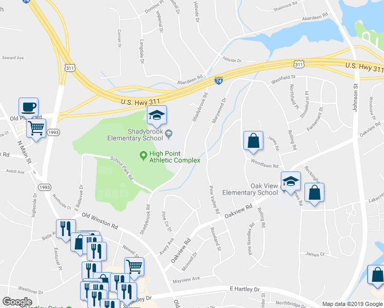 map of restaurants, bars, coffee shops, grocery stores, and more near 416 Shadybrook Road in High Point
