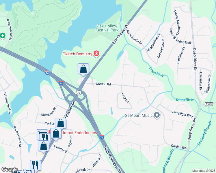 map of restaurants, bars, coffee shops, grocery stores, and more near 2210 Gordon Road in High Point