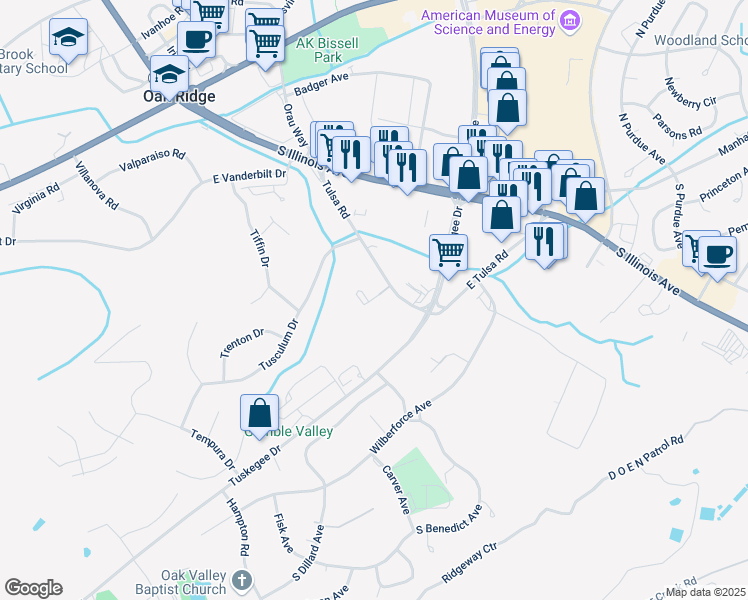 map of restaurants, bars, coffee shops, grocery stores, and more near 100 Utica Circle in Oak Ridge