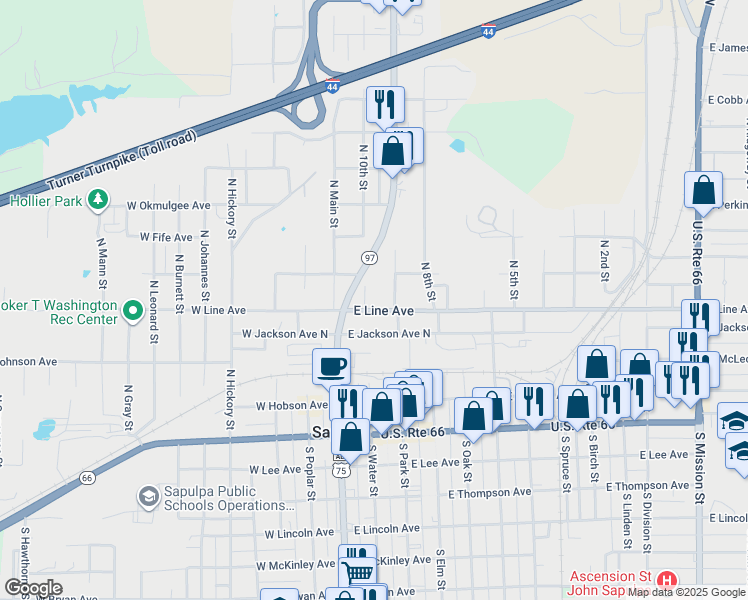 map of restaurants, bars, coffee shops, grocery stores, and more near 115 East Line Avenue in Sapulpa