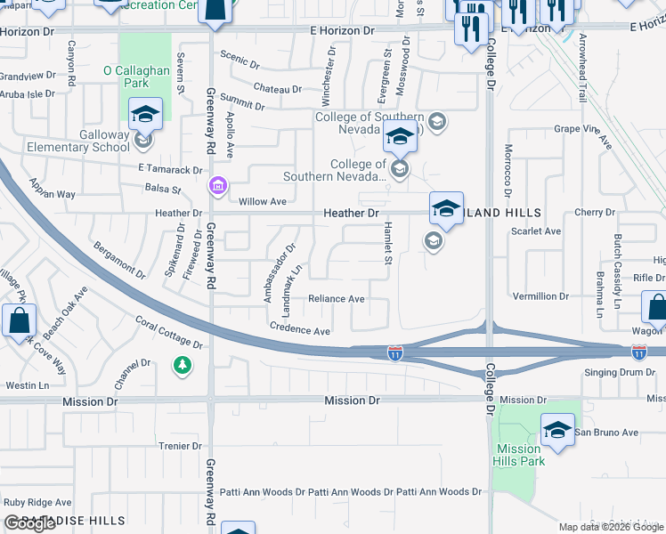 map of restaurants, bars, coffee shops, grocery stores, and more near 544 Vantage Avenue in Henderson