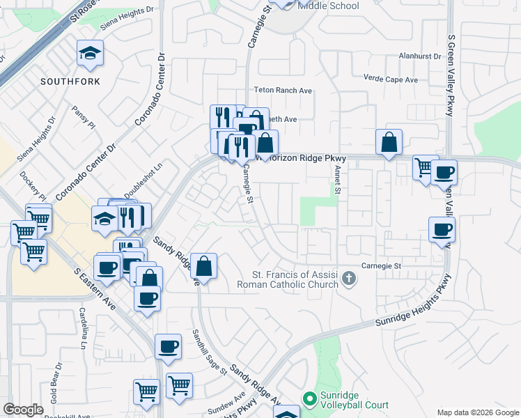 map of restaurants, bars, coffee shops, grocery stores, and more near 668-700 Carnegie Street in Henderson