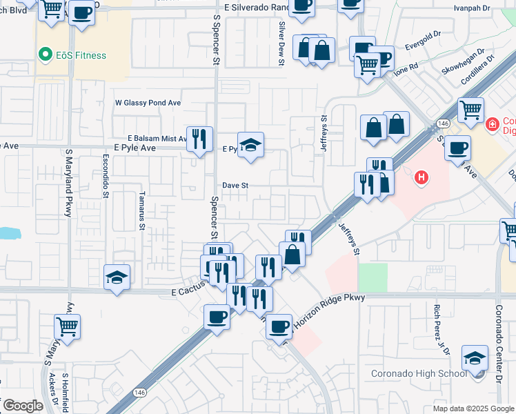 map of restaurants, bars, coffee shops, grocery stores, and more near 10250 Spencer Street in Las Vegas