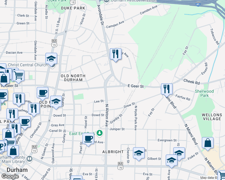 map of restaurants, bars, coffee shops, grocery stores, and more near 1300 Grove Street in Durham