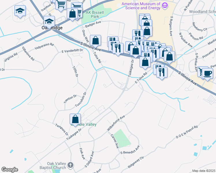 map of restaurants, bars, coffee shops, grocery stores, and more near 100 Utica Circle in Oak Ridge