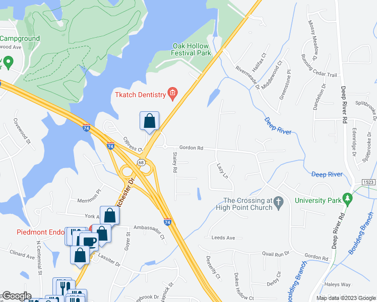 map of restaurants, bars, coffee shops, grocery stores, and more near 2208 Gordon Road in High Point