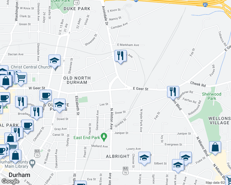 map of restaurants, bars, coffee shops, grocery stores, and more near 1300 Grove Street in Durham