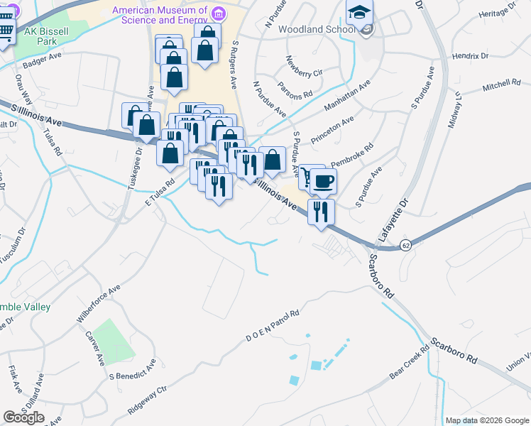 map of restaurants, bars, coffee shops, grocery stores, and more near 105 Inn Lane in Oak Ridge