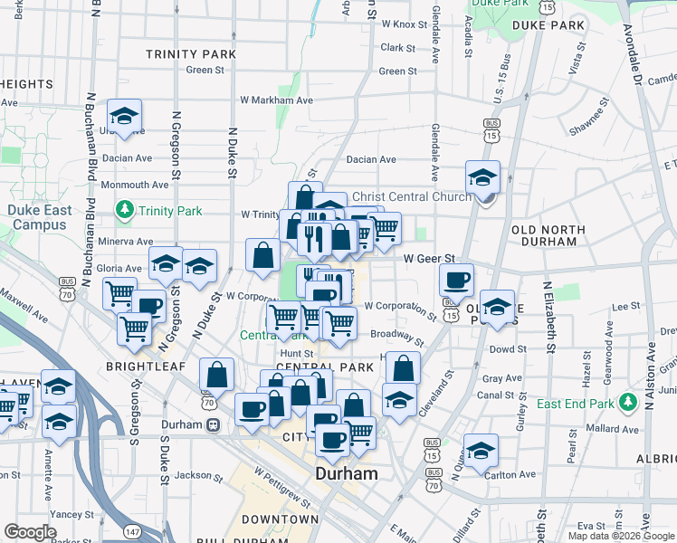 map of restaurants, bars, coffee shops, grocery stores, and more near 620 Foster Street in Durham