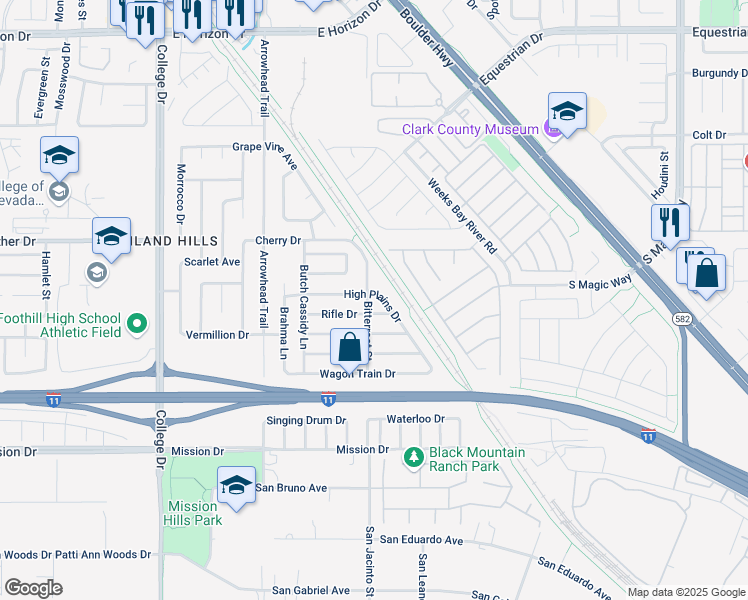 map of restaurants, bars, coffee shops, grocery stores, and more near 939 Rifle Drive in Henderson