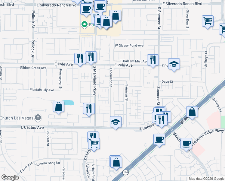 map of restaurants, bars, coffee shops, grocery stores, and more near 10261 Missouri Meadows Street in Las Vegas