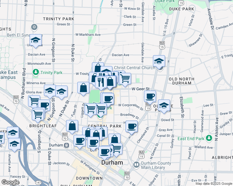 map of restaurants, bars, coffee shops, grocery stores, and more near 726 Rigsbee Avenue in Durham