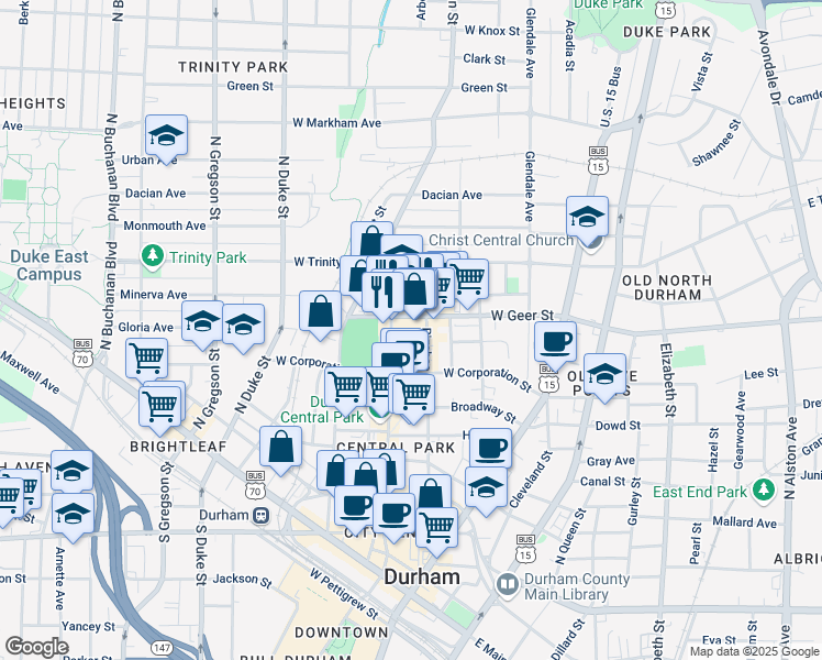 map of restaurants, bars, coffee shops, grocery stores, and more near 726 Rigsbee Avenue in Durham