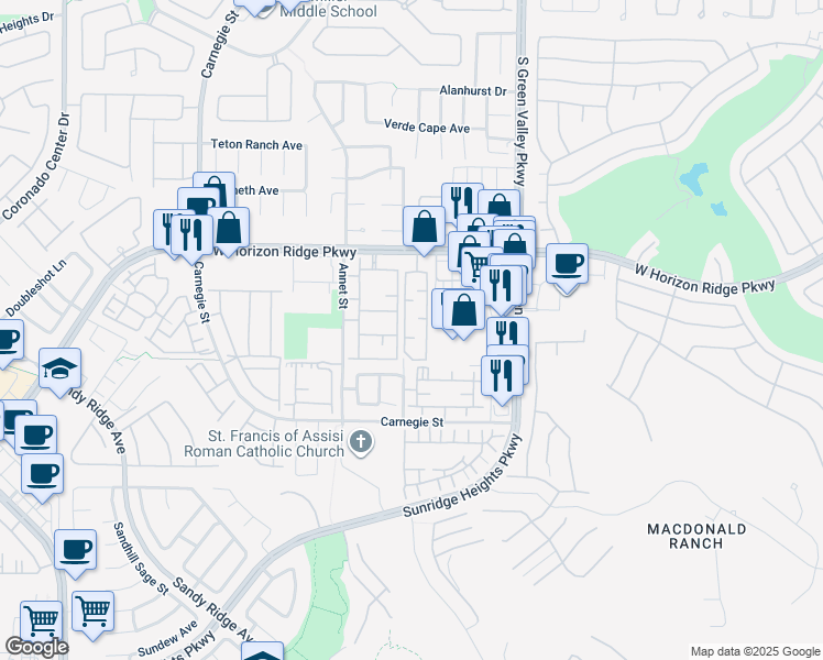 map of restaurants, bars, coffee shops, grocery stores, and more near 2291 West Horizon Ridge Parkway in Henderson