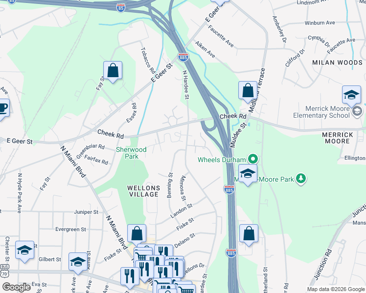 map of restaurants, bars, coffee shops, grocery stores, and more near 1133 Benning Street in Durham