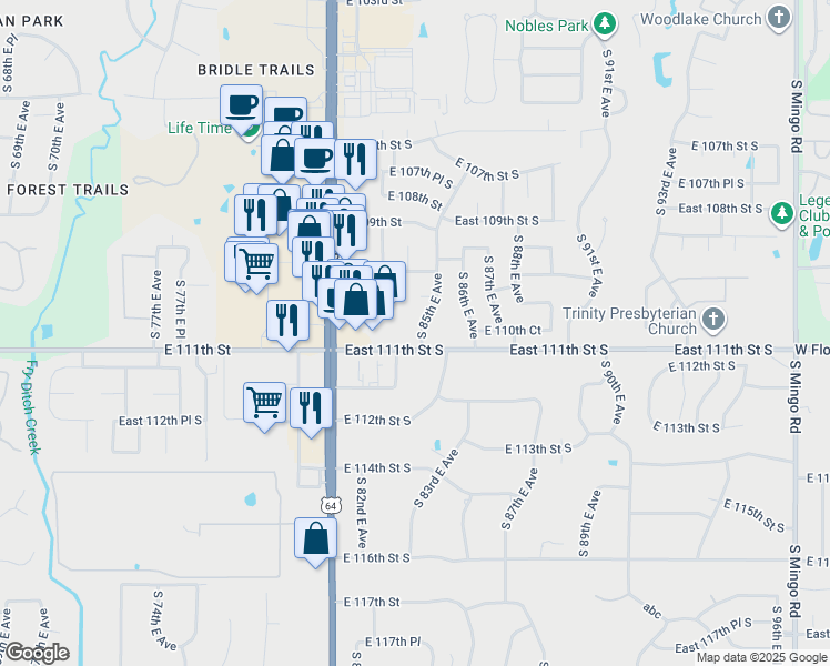 map of restaurants, bars, coffee shops, grocery stores, and more near 11020 South 85th East Avenue in Tulsa