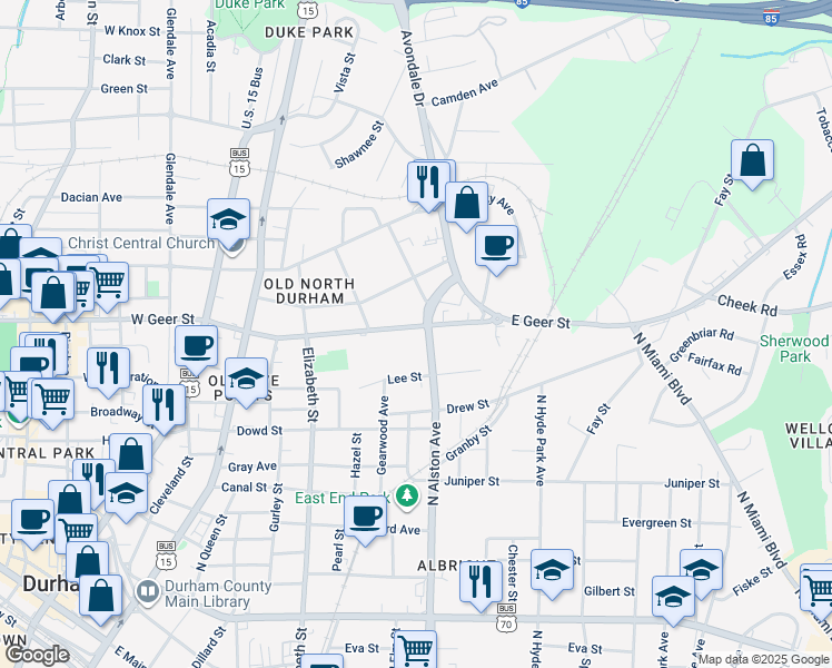 map of restaurants, bars, coffee shops, grocery stores, and more near 520 East Geer Street in Durham