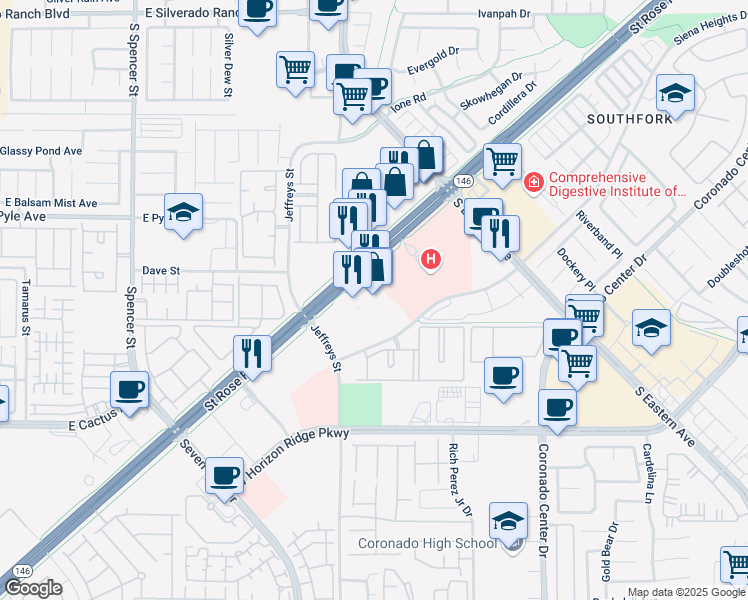 map of restaurants, bars, coffee shops, grocery stores, and more near 3019 Saint Rose Parkway in Henderson