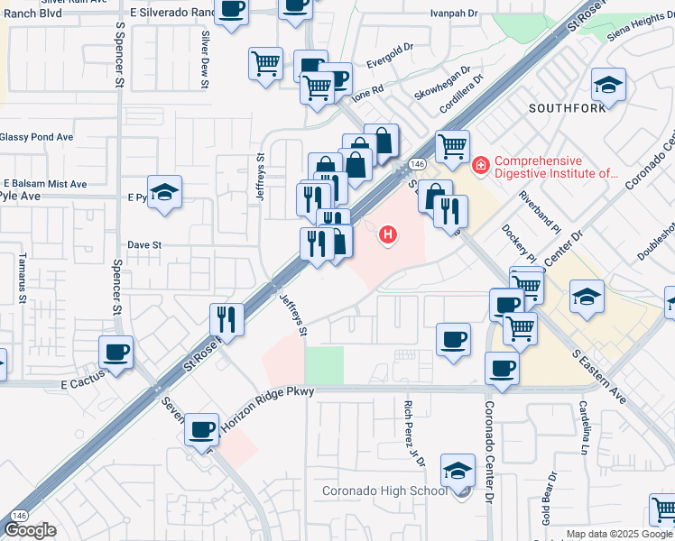 map of restaurants, bars, coffee shops, grocery stores, and more near 3019 Saint Rose Parkway in Henderson