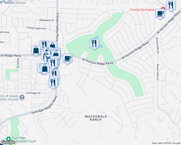 map of restaurants, bars, coffee shops, grocery stores, and more near 2174 King Mesa Drive in Henderson