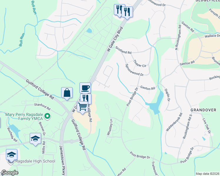 map of restaurants, bars, coffee shops, grocery stores, and more near 11 Pitlockry Place in Greensboro