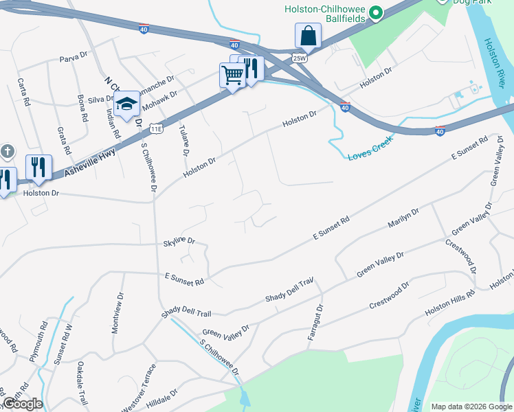 map of restaurants, bars, coffee shops, grocery stores, and more near 5315 Daphne Drive in Knoxville