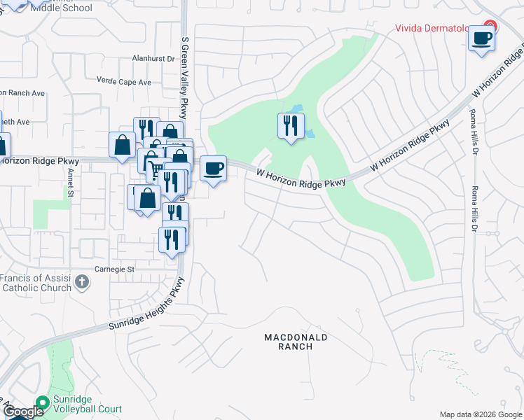 map of restaurants, bars, coffee shops, grocery stores, and more near 556 Fox Links Street in Henderson