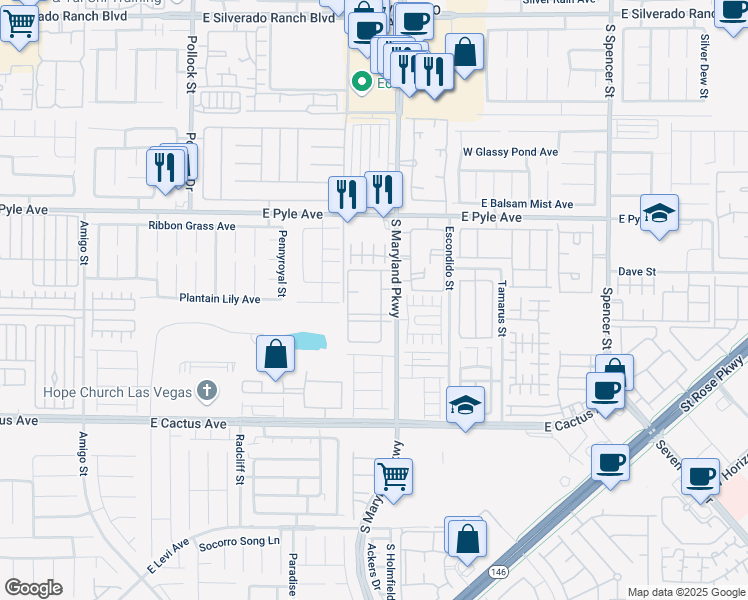 map of restaurants, bars, coffee shops, grocery stores, and more near 10245 South Maryland Parkway in Las Vegas