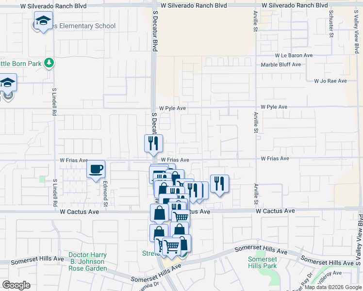 map of restaurants, bars, coffee shops, grocery stores, and more near 10270 South Decatur Boulevard in Las Vegas