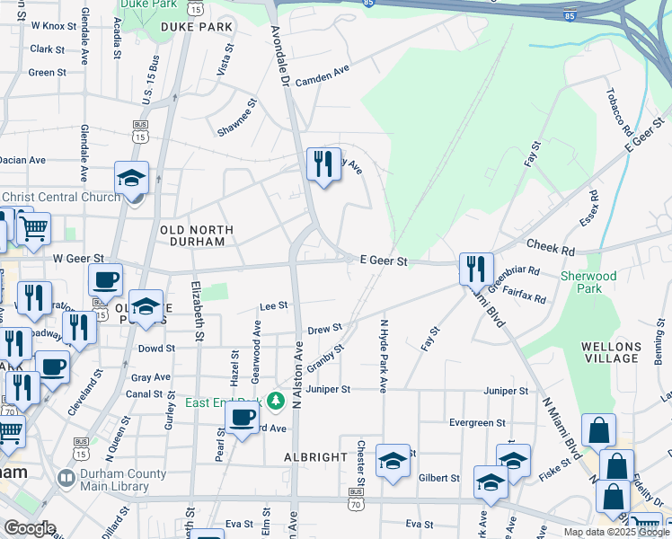 map of restaurants, bars, coffee shops, grocery stores, and more near 626 East Geer Street in Durham