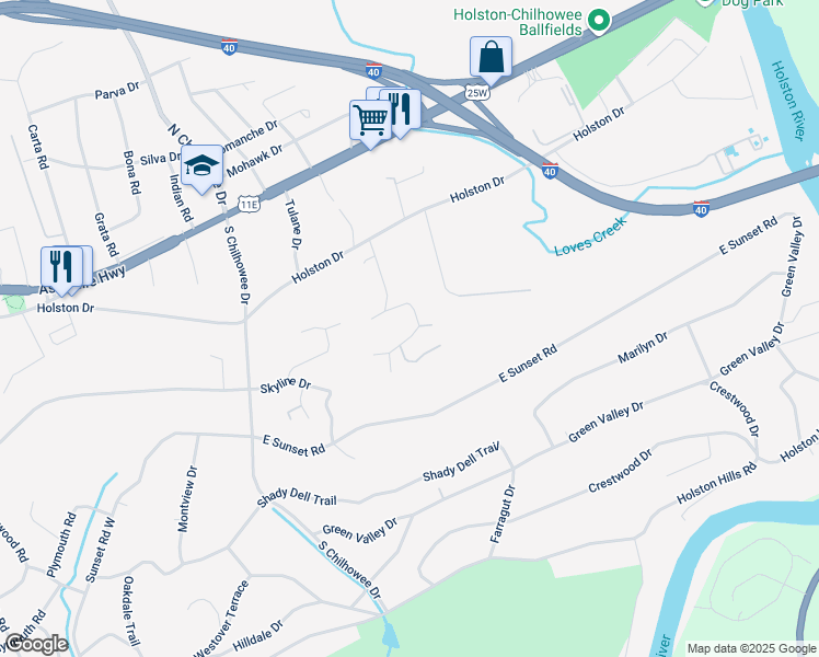map of restaurants, bars, coffee shops, grocery stores, and more near 5315 Daphne Drive in Knoxville