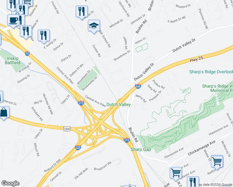 map of restaurants, bars, coffee shops, grocery stores, and more near 411 Dutch Valley Drive Northeast in Knoxville
