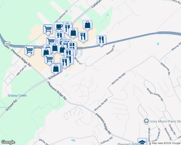 map of restaurants, bars, coffee shops, grocery stores, and more near 6205 Lantern Ridge Lane in Knoxville