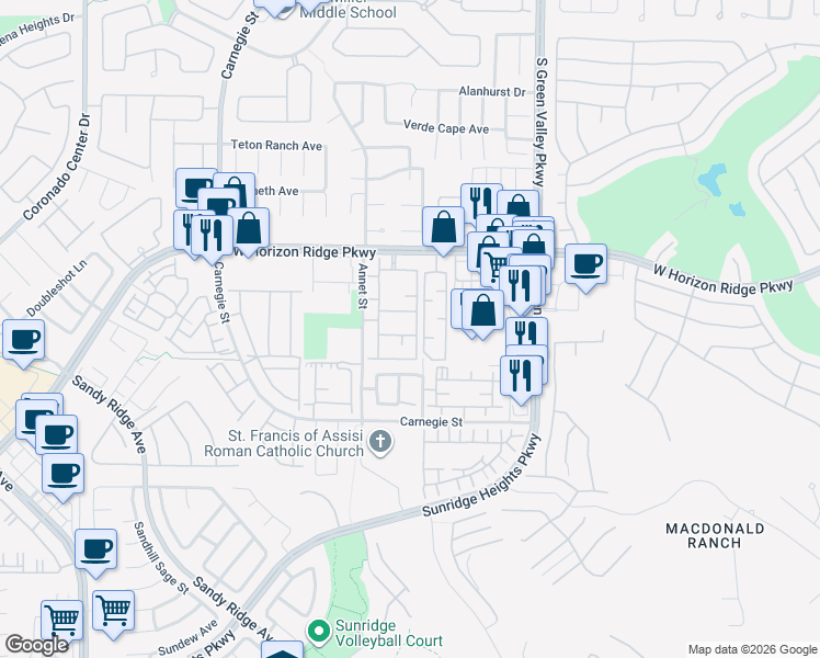map of restaurants, bars, coffee shops, grocery stores, and more near 2305 West Horizon Ridge Parkway in Henderson