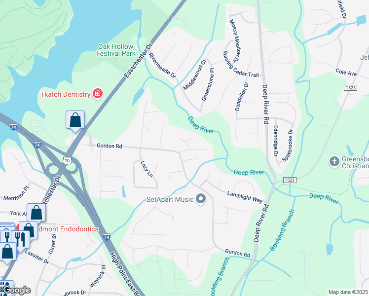 map of restaurants, bars, coffee shops, grocery stores, and more near 1800 Rivertrace Point in High Point