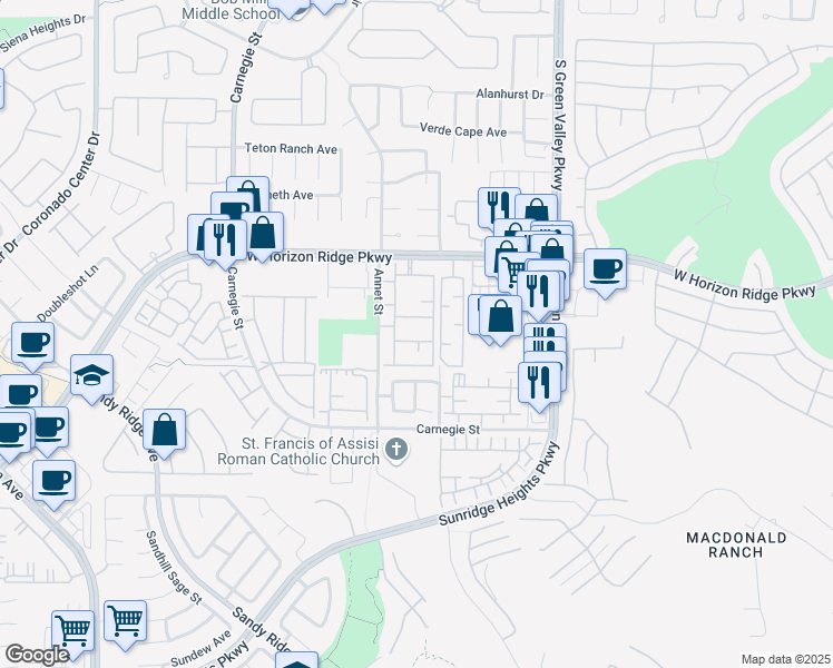 map of restaurants, bars, coffee shops, grocery stores, and more near 2305 West Horizon Ridge Parkway in Henderson